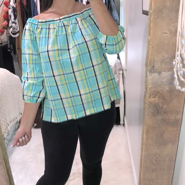 Crown & Ivy medium off shoulder plaid cotton top - Image 2