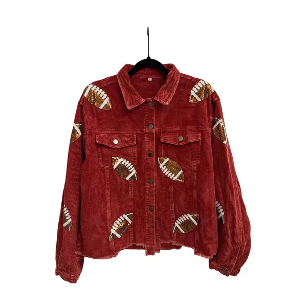 Game Day Football Oversized Cropped Corduroy Sequin Red Jacket Size XL - Image 2