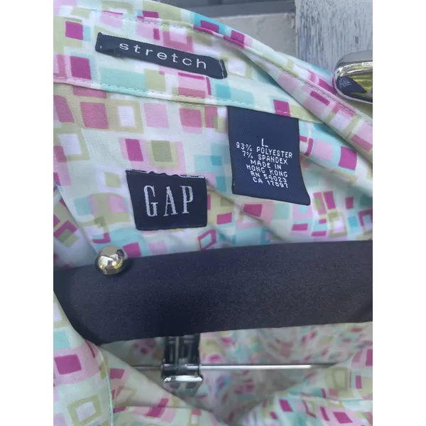 Gap Womens Stretch Button Down Shirt Long Sleeve Geometric Square Print Pink L - Image 3