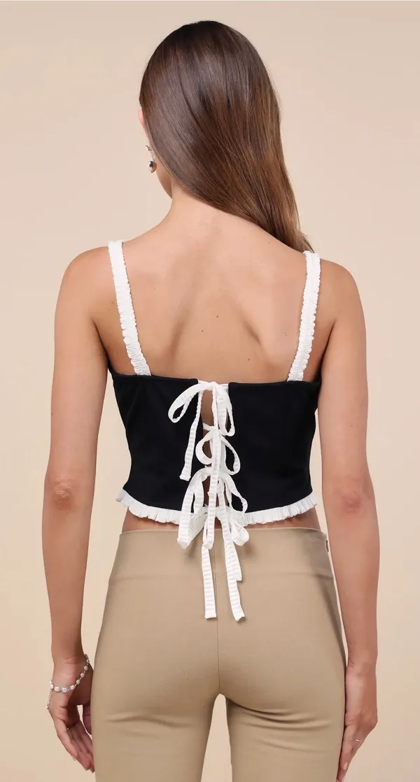 Lulu’s Coquette Charisma Black and White Ruffled Tie-Back Crop Top - Image 7