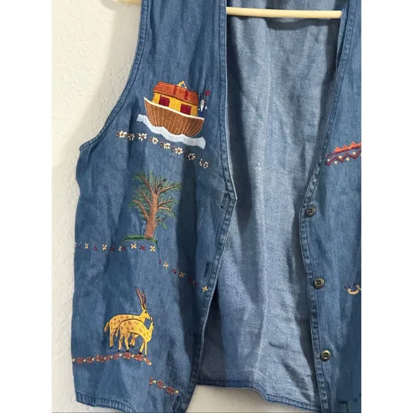 Cherokee Denim Vest Embroidered Animals Noah's Ark Novelty XL - Image 3