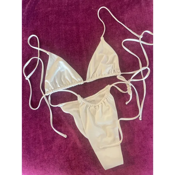 437 FOUR THREE SEVEN White String Bikini Set Small SKIMPY SEXY Side Tie Triangle - Image 2