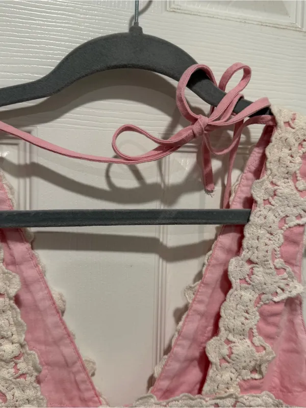 Le Lis Pink Chemise with Cream Lace Trim Size M Feminine Cottagecore Dress - Image 6