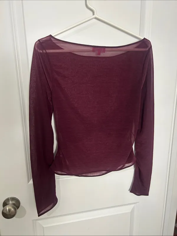 Edikted Sheer Twist-Front Long Sleeve Top in Maroon - Image 5