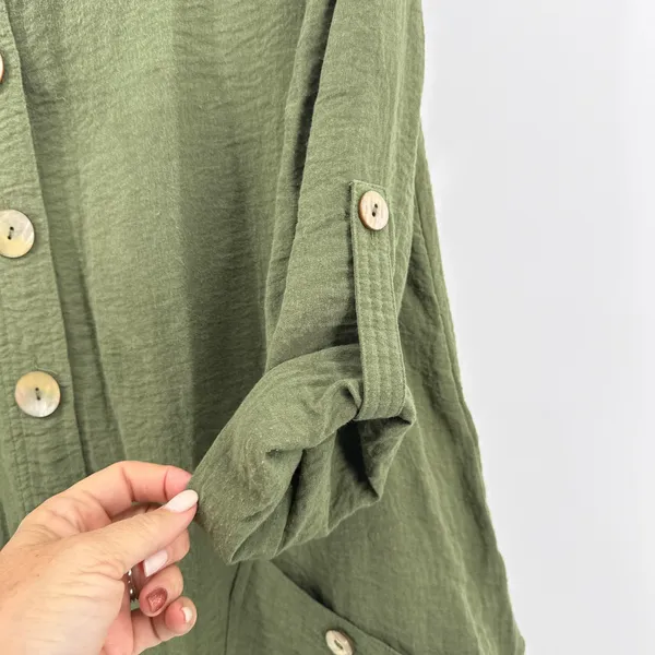 JOHN MARK Olive Green Textured‎ Button Front Shirt Tunic Top Size Small Roll Tab - Image 4