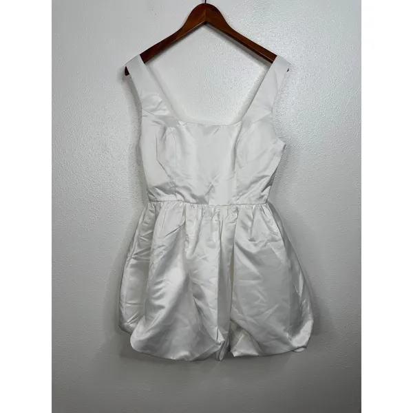 Lulu's Regal Cutie White Satin Square Neck Bubble Hem Mini Dress‎ Size Medium - Image 2
