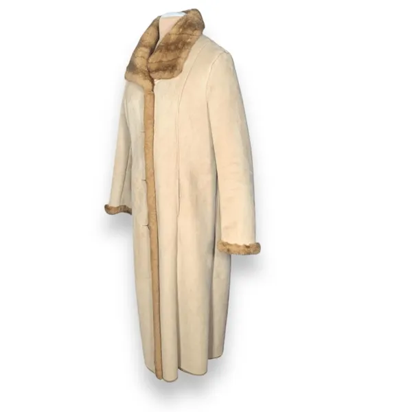 Vintage 90s Longline Cream Vegan Suede Leather Coat Faux Fur Collar Trim Large‎ - Image 4