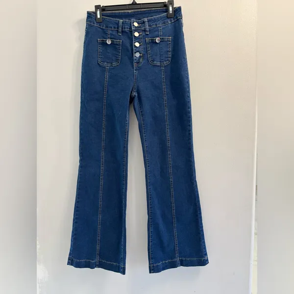 Women’s High Waisted Denim Jeans Size L Button Front Bootcut Blue - Image 2