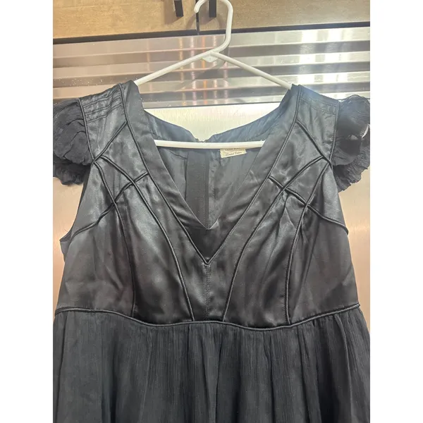 Leon Max Limited Edition Black 100% Silk Empire Waist Ruffle Cap Sleeve Dress‎ M - Image 11