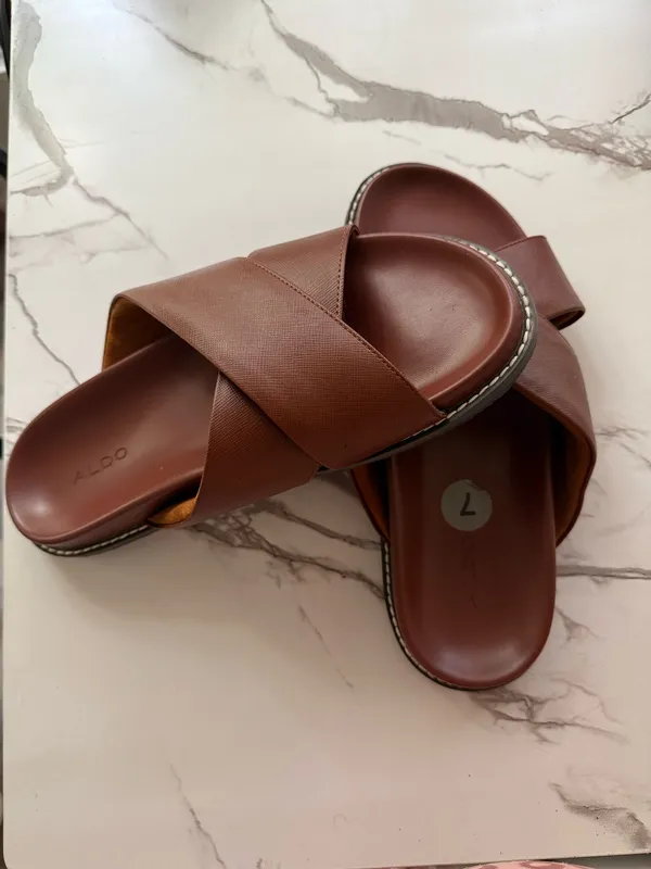 ALDO Women’s Brown Criss-Cross Slide Sandals – Leather Slip-On Flat Sandals - Image 4