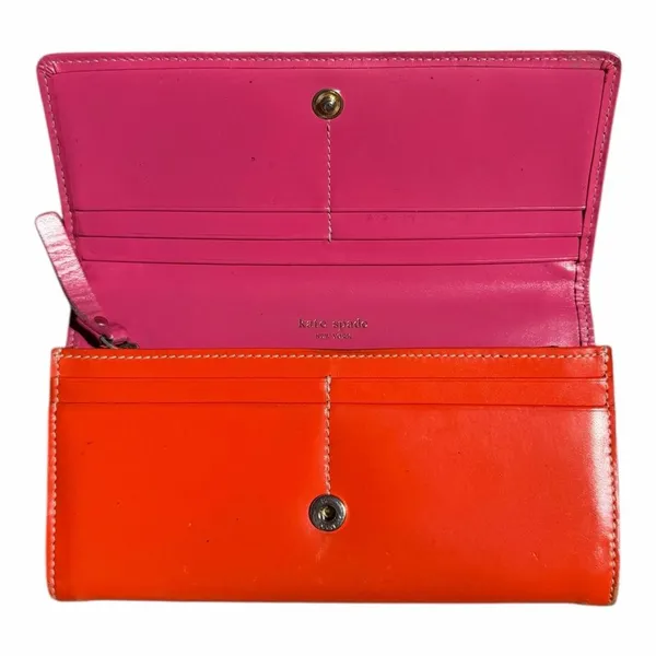 Kate Spade New York Continental Wallet Orange Hot Pink Leather Colorblock - Image 6
