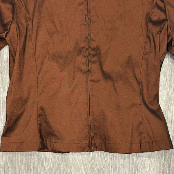 VTG 90s Tadashi Shoji Chocolate Brown Taffeta Faux Wrap Blouse Minimalist 10 - Image 7