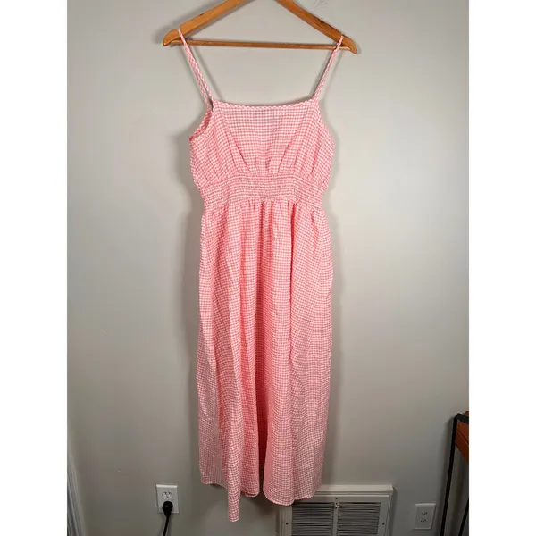 Zara Dress‎ Womens Medium Pink Gingham Smocked Waist Midi Summer Cotton - Image 5