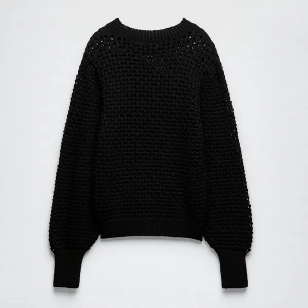 Zara textured open‎ knit chunky sweater crewneck balloon sleeves black size M - Image 15