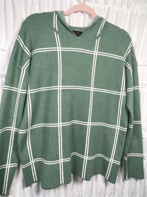 Rachel Roy Sweater Medium Plaid Knit Hoodie Green White Women's Soft Cozy - Image 4
