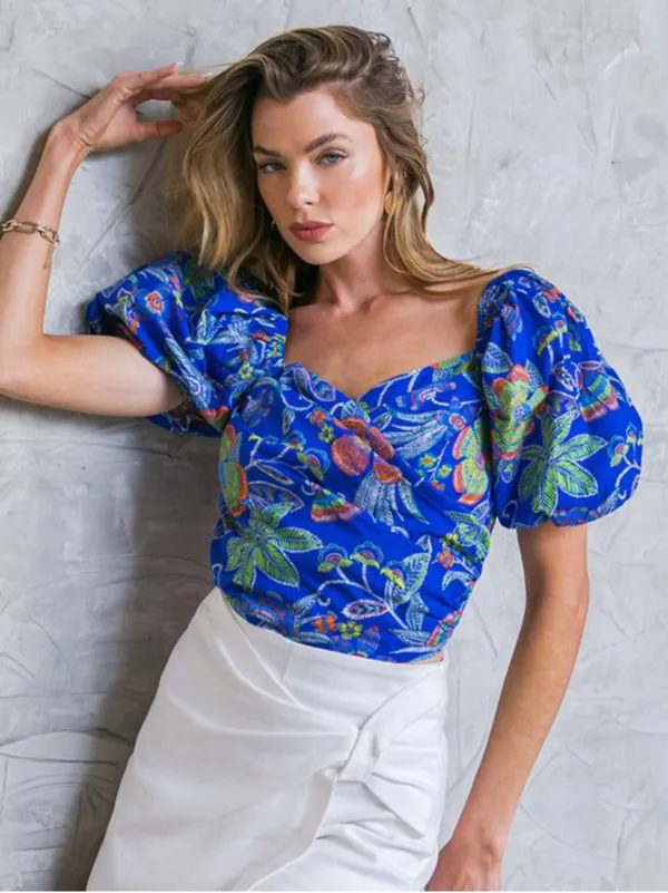 Flying Tomatoe Floral Puff Sleeve Sweetheart Top in Royal Blue M - Image 3