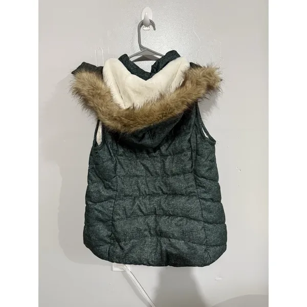 Green Tea‎ Heather Green Hoodie Soft White Faux Fur Lined Puffer Vest size L - Image 5
