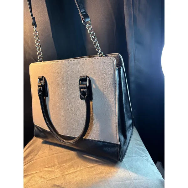 Nine West Black Cream Two Tone Satchel Handbag Silver Hardware Shoulder Bag - Image 5