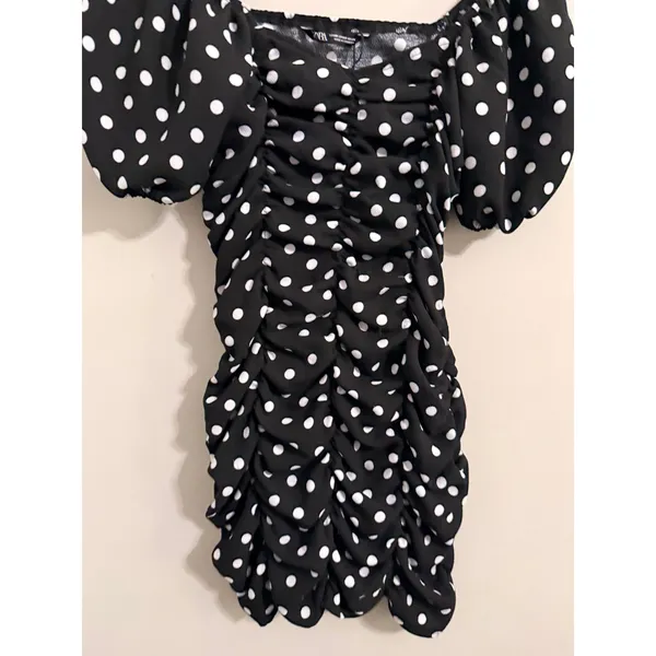 Zara Polka Dot Mini Dress Womens XS Black White Ruched Puff Sleeve‎ Bodycon - Image 2
