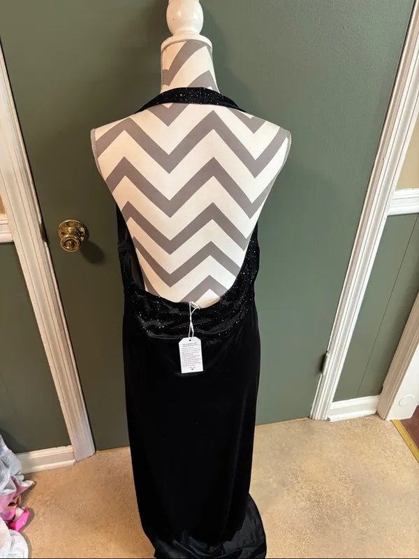 Black Halter Velvet Evening Dress with Sparkle Bodice - Image 2