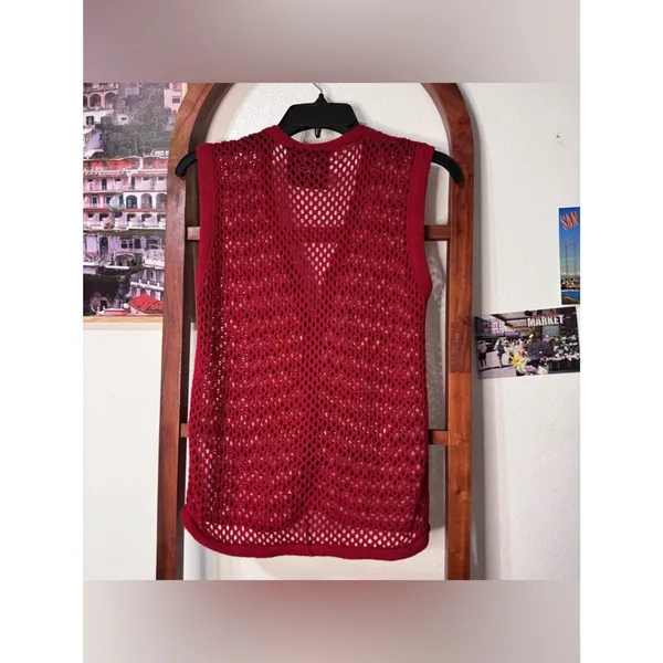 Source Unknown Damson Madder crochet sleeveless cardigan top red and ivory checkered pattern - Image 8