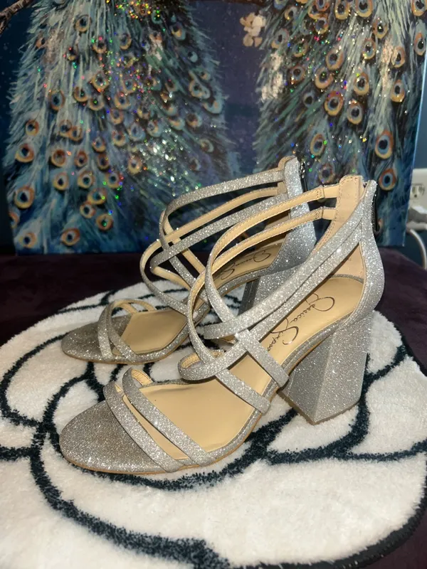 Jessica Simpson Silver Glitter Strappy Block Heel Sandals Size 7 - Image 6