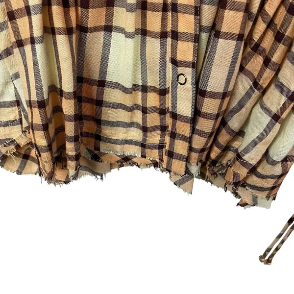 Free People‎ Peach Pacific Dawn Plaid Pull String Sleeve Snap Button Shirt M - Image 4