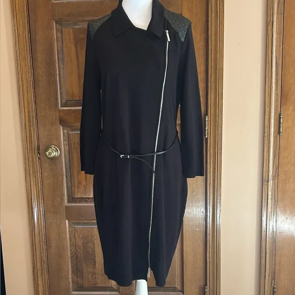 Calvin Klein Women's Size L Black‎ Asymmetric Zip Front Knit Dress Belted Waist - Image 2