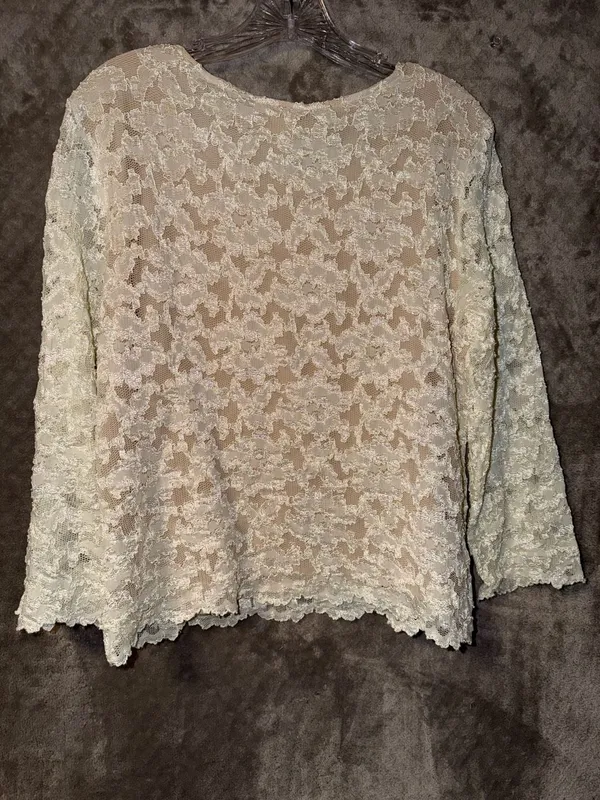 Coldwater Creek Lace Top Size L Cream Long Sleeve Floral Scallop Hem - Image 5