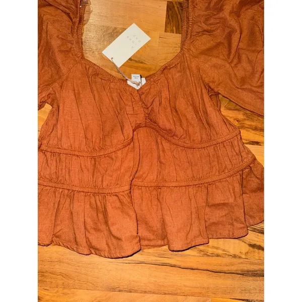 A New‎ Day Peplum Top Women LG burnt orange NEW Linen Blend Puff Sleeve Babydoll - Image 3
