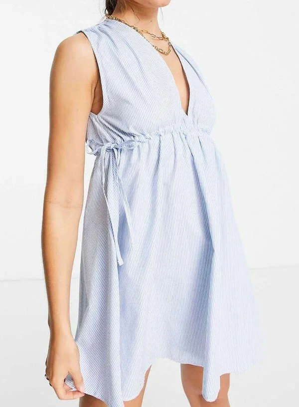 New ASOS Seersucker Plunge V-Neck Tie Waist Mini Sundress Blue White Size 4 - Image 4