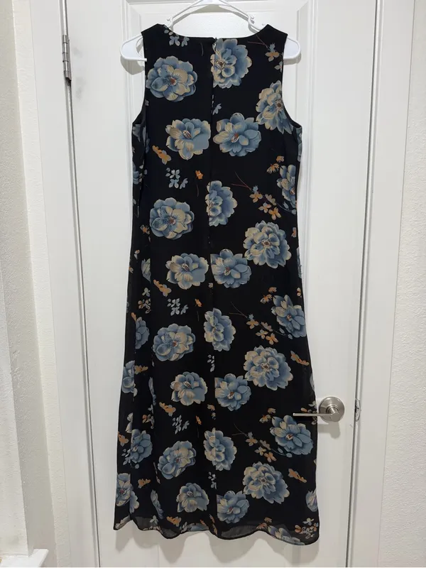 Preview International Black Maxi Dress with Blue and Tan Floral Print - Image 4