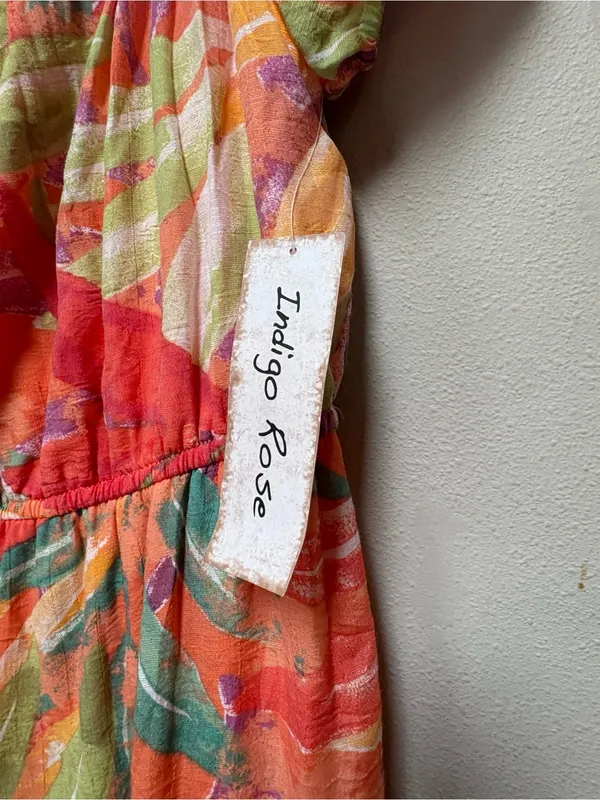 Tropical Floral Puff Sleeve Midi Dress Boho Resort Large NWT - Image 3