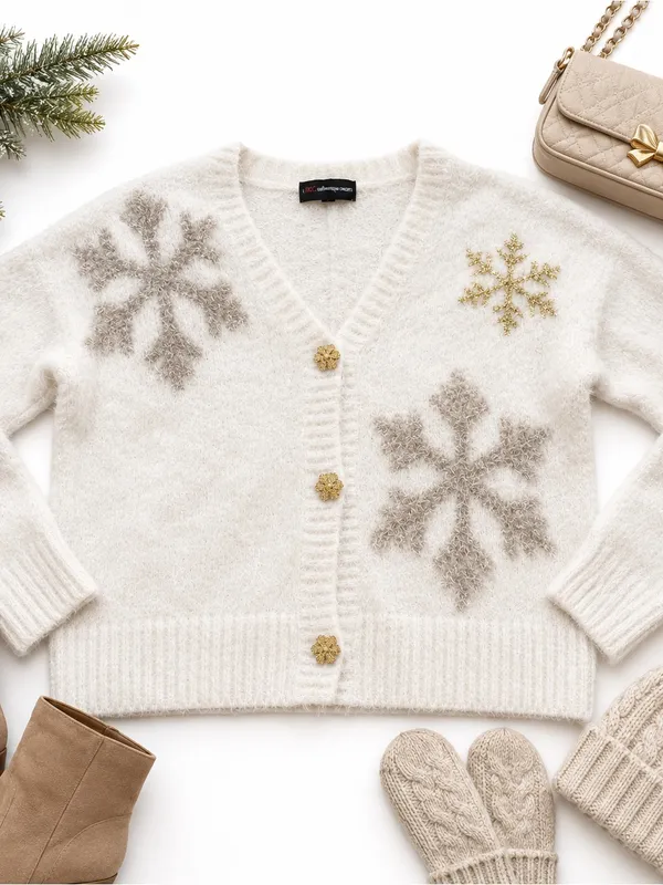 33 Degrees Ivory Snowflake Eyelash Knit Cardigan Gold Buttons Women’s Medium EUC - Image 4