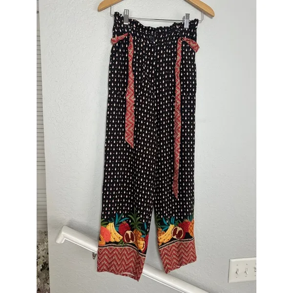 Farm Rio Anthropologie Tucker Papaya Pants Black Fruit Resortwear Vacation Fall - Image 3