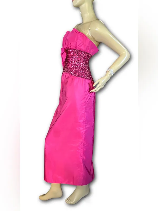 Vintage 1980'S Hot Pink Mike Benet Strapless Satin & Rhinestone Formal Dress (Xs - Image 4