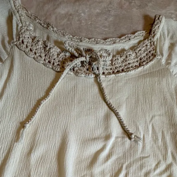 Super B Cream Crochet Lace Trim Gauze Peasant Blouse Top Medium - Image 4