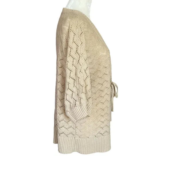 Nicole Miller women's XL tan tie front 3/4 sleeve chevron knit sweater cardigan - Image 3
