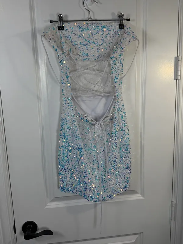 Lucy in the Sky White Iridescent Sequin Cowl Neck Lace Up Mini Dress Size S - Image 5
