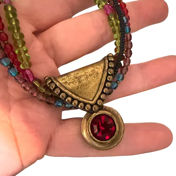 Chico's 4 Strand Colorful Beaded Choker Necklace Red Crystal Pendant - Image 4