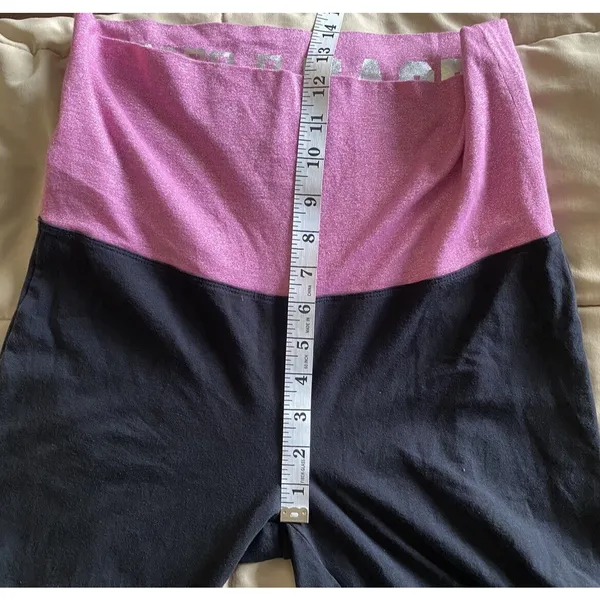 Y2K VS PINK M Foldover Black Flare Leggings Pink Silver Logo Low Rise Vtg - Image 12