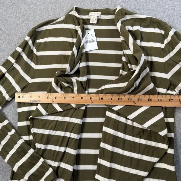 J.CREW Women's Medium Olive Green White Striped Open Drape Cardigan Cotton 68140 - Image 7