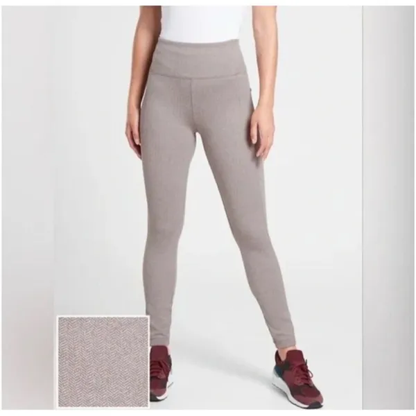 Athleta Delancy Herringbone Tight Leggings Size S Beige Pockets‎ Athletic Preppy - Image 2