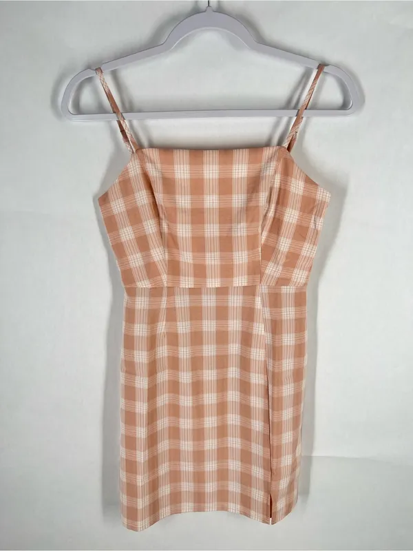BP Peach Plaid Mini Dress XS Spaghetti‎ Strap Lightweight Back Zip - Image 2