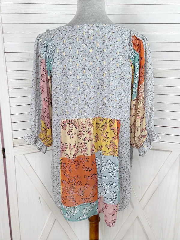 UMGEE Floral Patchwork Print‎ V Neck Chiffon Blouse Grey Multi Medium Boho - Image 4
