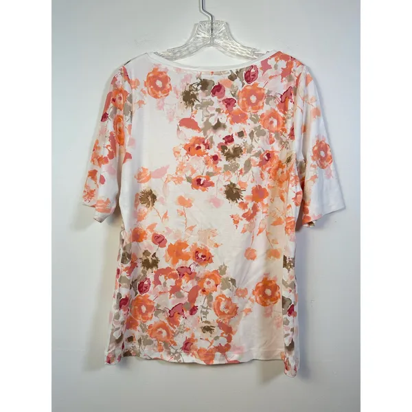 Croft & Barrow Womens Large Orange‎ Floral Cotton Short Sleeve Crew Neck T-Shirt - Image 2