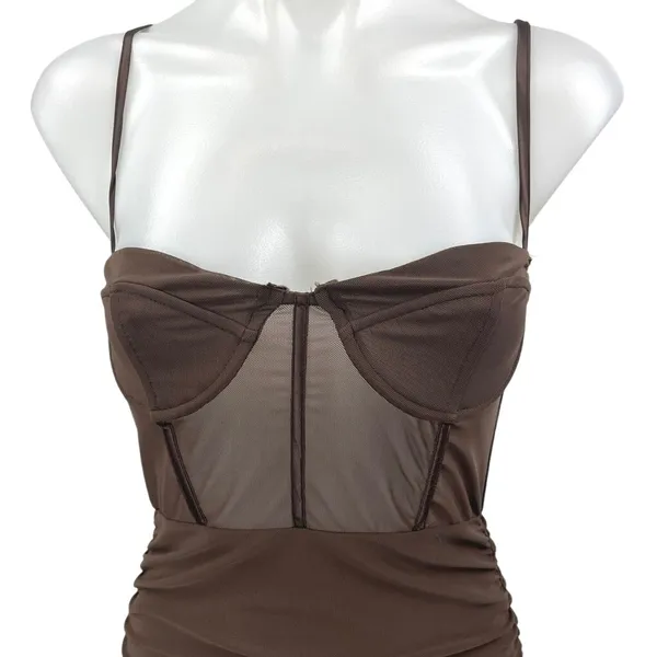 NEW Sundays Brown Ruched Sleeveless Cami Camisole Bodycon Corset Tank Dress Sz M - Image 3