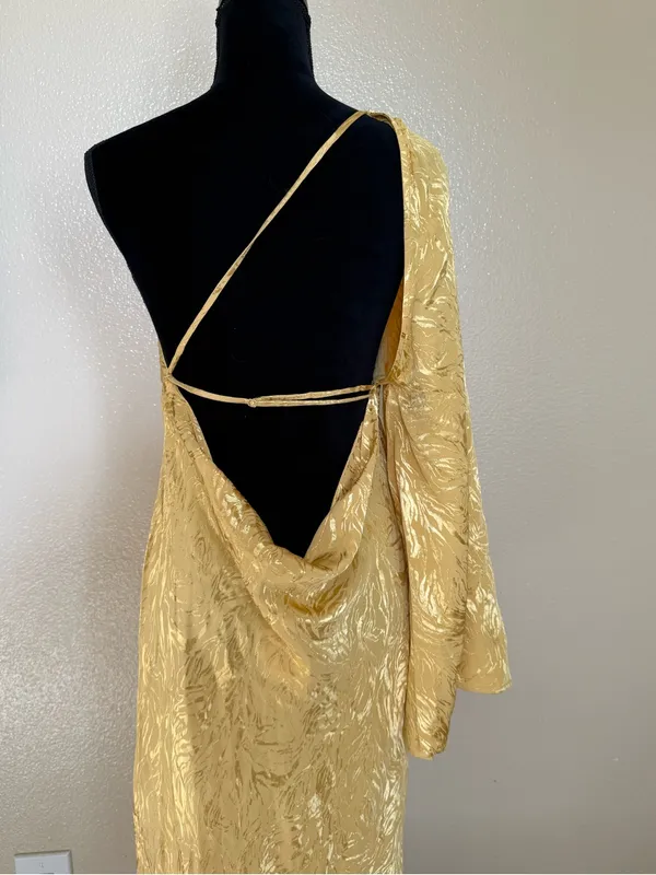 NWT H&M Gold Metallic Jacquard One Shoulder Open Back Maxi Dress M Y2K Glam - Image 5