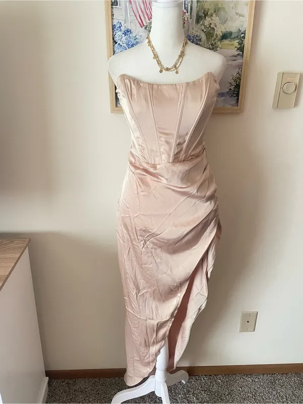 White Fox Boutique Ruched Wrap Front Corset Strapless Satin Midi Dress Medium - Image 2