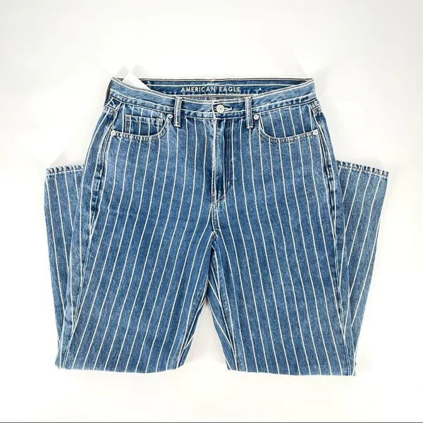 American Eagle Indigo Striped Hi‎ Rise Mom Jean Size 8 Blue NWT - Image 3